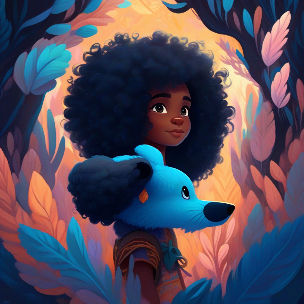 Lianne - dark skin, curly black hair, adventurous spirit with blue-furred magical bunny