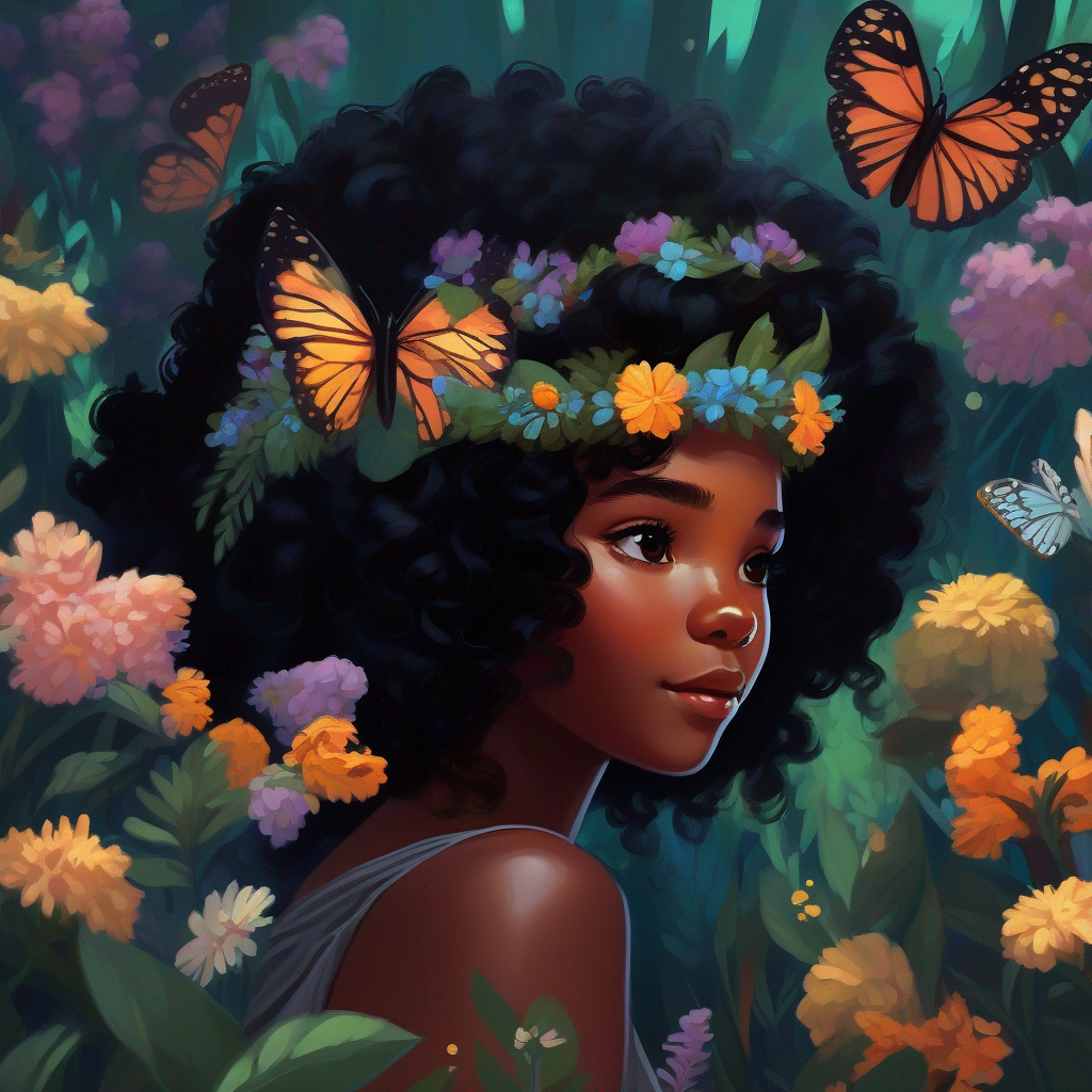 Lianne - dark skin, curly black hair, adventurous spirit playing with butterflies, wearing flower crown