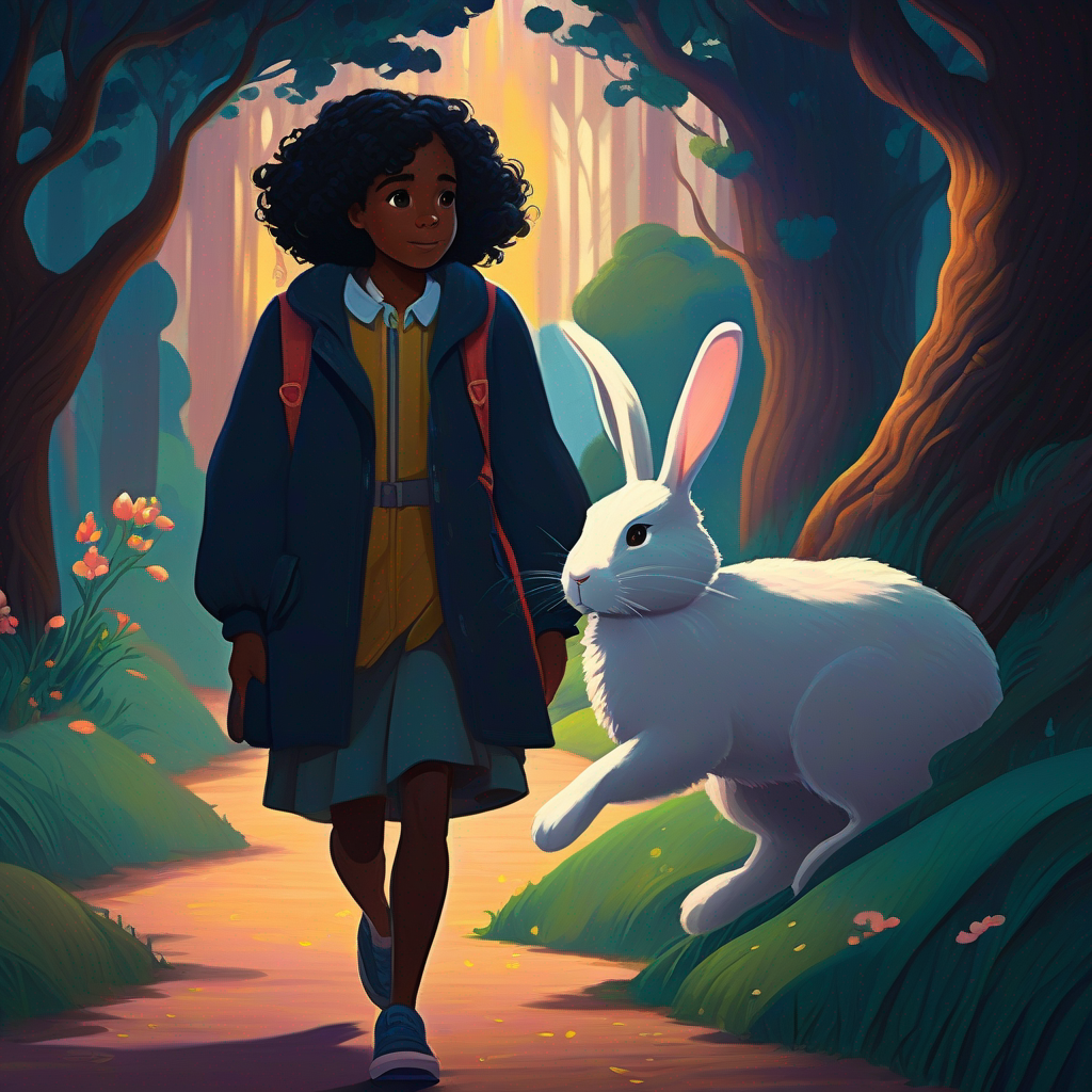 Lianne - dark skin, curly black hair, adventurous spirit saying goodbye to the magical bunny, walking home