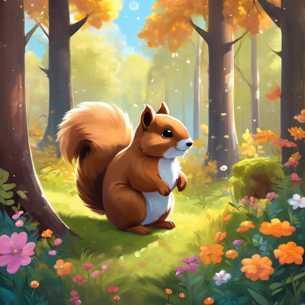 Text: As Fluffy brown puppy with sparkling brown eyes and Soft and cuddly teddy bear with button eyes entered the forest, they were amazed by the tall trees, colorful flowers, and the sweet sound of chirping birds. Visual: Fluffy brown puppy with sparkling brown eyes and Soft and cuddly teddy bear with button eyes walking through a colorful forest with tall trees and blooming flowers. Chubby squirrels with bushy tails playing a game nearby.