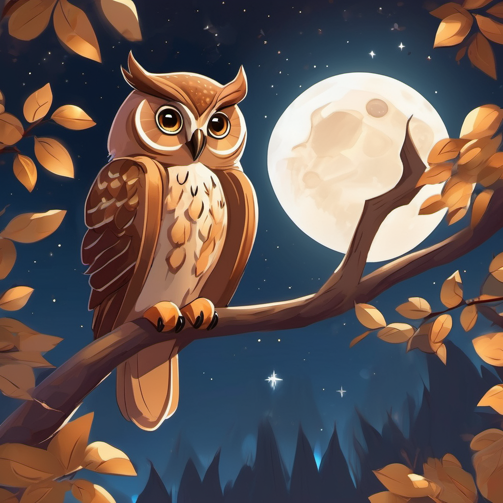 Text: Next, they came across a wise old owl sitting on a branch. Visual: Fluffy brown puppy with sparkling brown eyes, Soft and cuddly teddy bear with button eyes, and the owl sitting on a branch with moonlight shining through the trees.