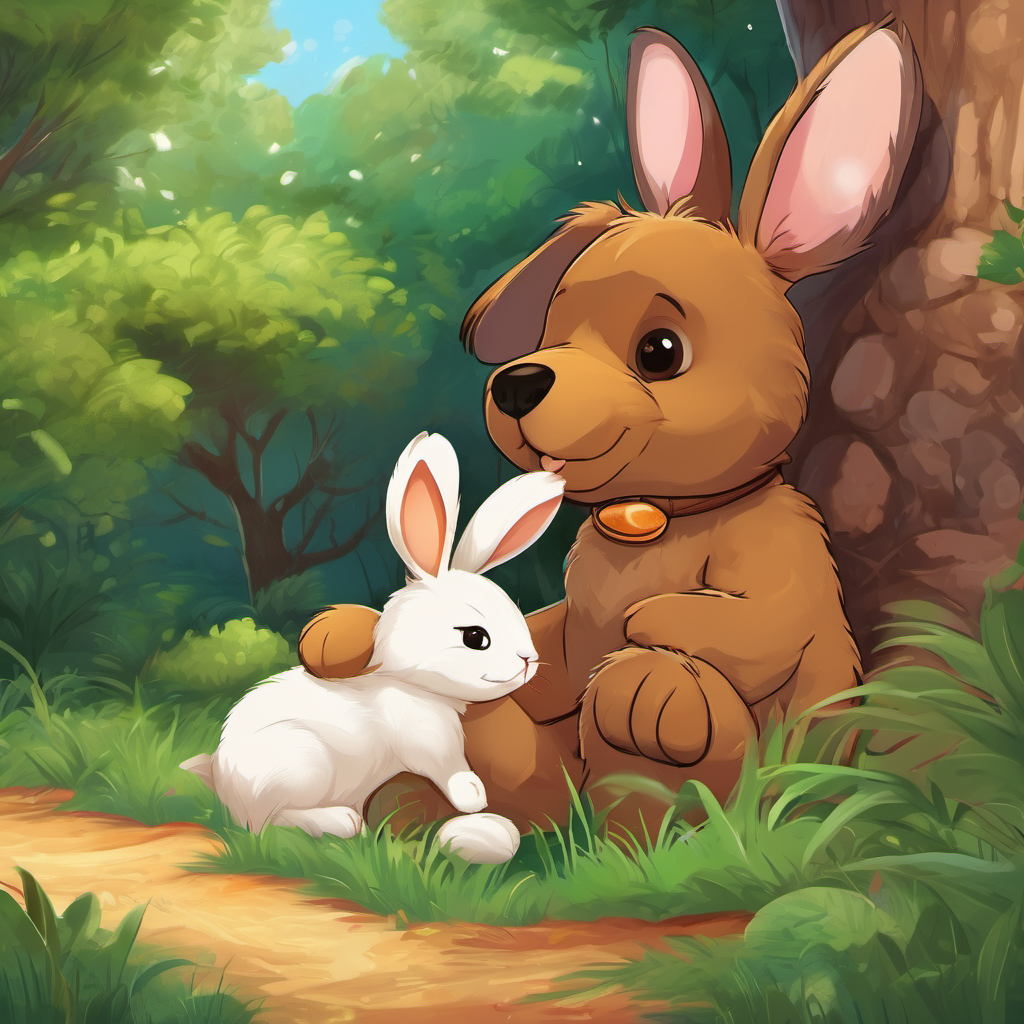 Text: Feeling tired, Fluffy brown puppy with sparkling brown eyes and Soft and cuddly teddy bear with button eyes found a cozy spot under a big tree. Visual: Fluffy brown puppy with sparkling brown eyes and Soft and cuddly teddy bear with button eyes lying under a big tree with Friendly rabbit with soft fur the rabbit sitting beside them.