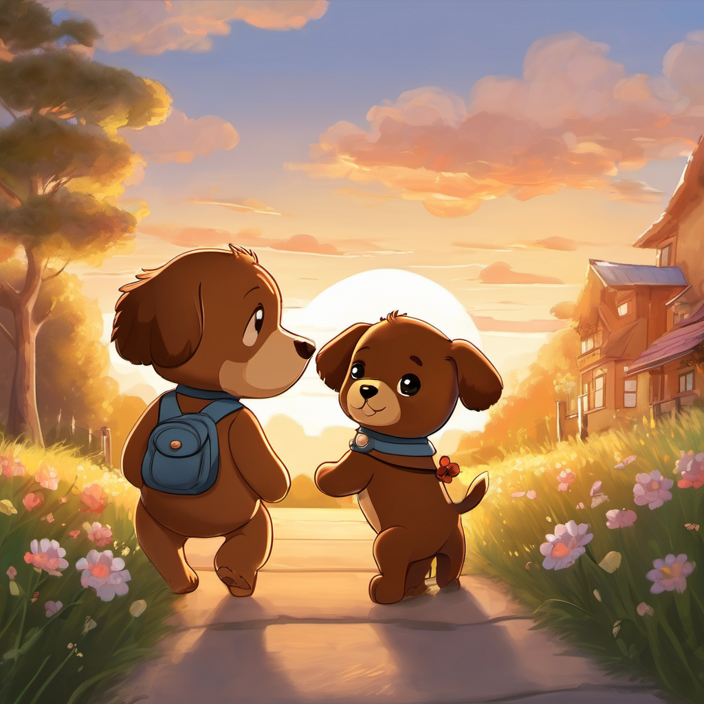Text: As the sun started to set, Fluffy brown puppy with sparkling brown eyes and Soft and cuddly teddy bear with button eyes knew it was time to go back home. Visual: Fluffy brown puppy with sparkling brown eyes and Soft and cuddly teddy bear with button eyes walking hand in hand towards their cozy house with a beautiful sunset in the background.