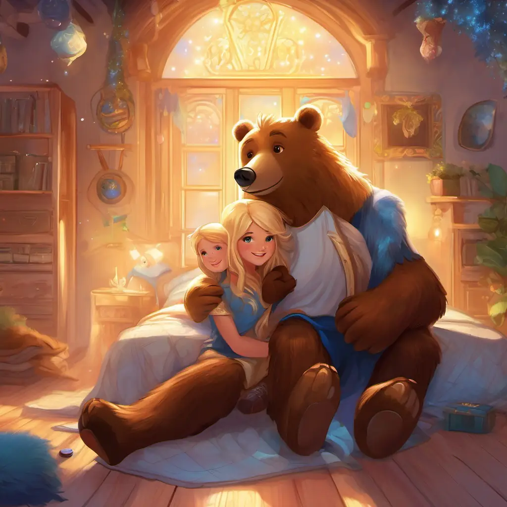 Bedroom setting, main characters Blonde hair, blue eyes, cheerful smile and Furry brown bear, shiny button eyes, nighttime