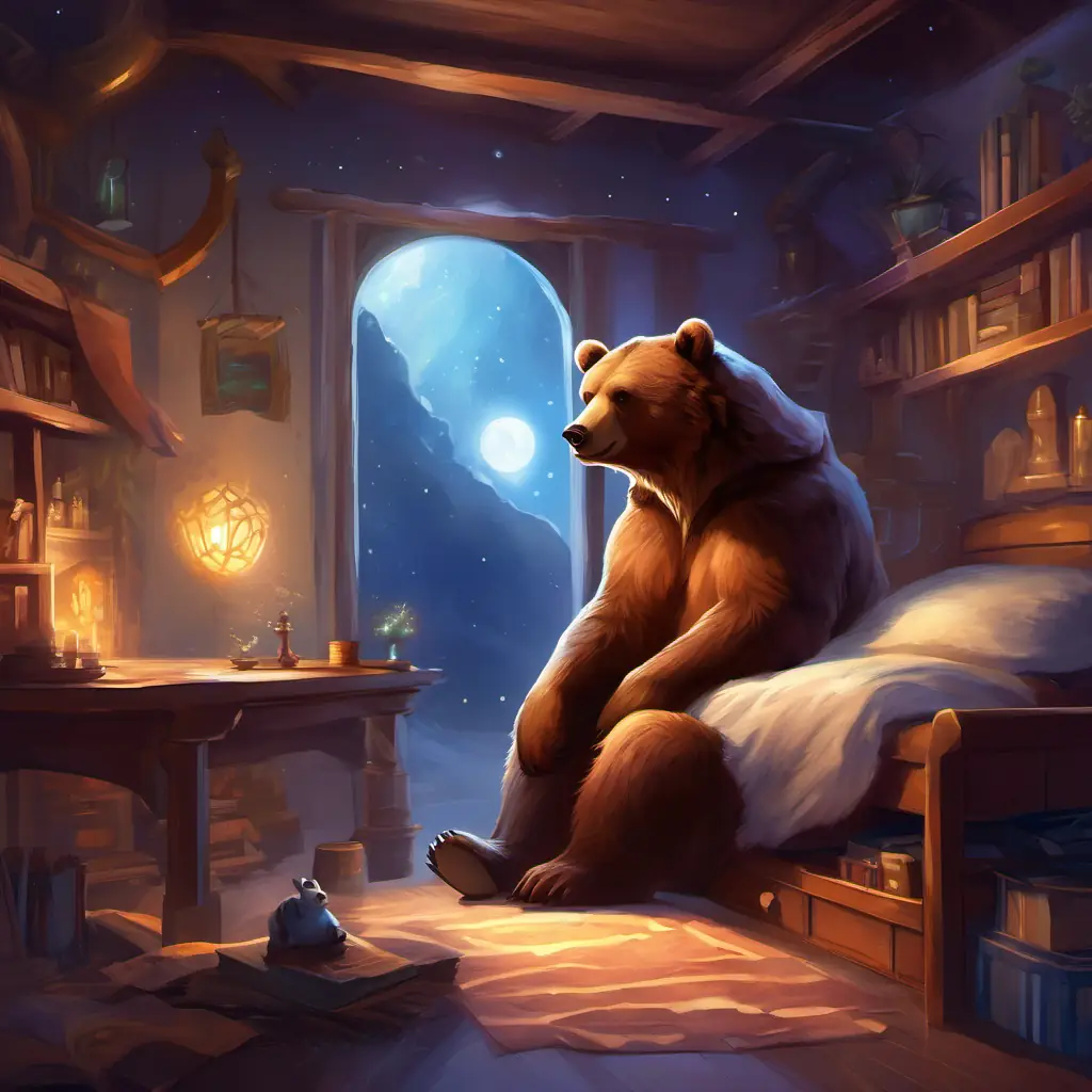 Furry brown bear, shiny button eyes's awakening, moonlit room, quiet exploration