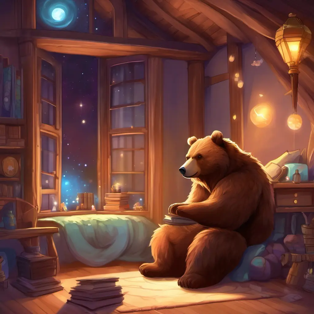 Furry brown bear, shiny button eyes's quiet adventure through the house, observing the night