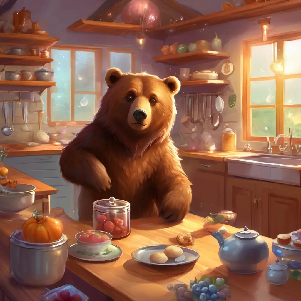 Furry brown bear, shiny button eyes's sweet discovery in the kitchen