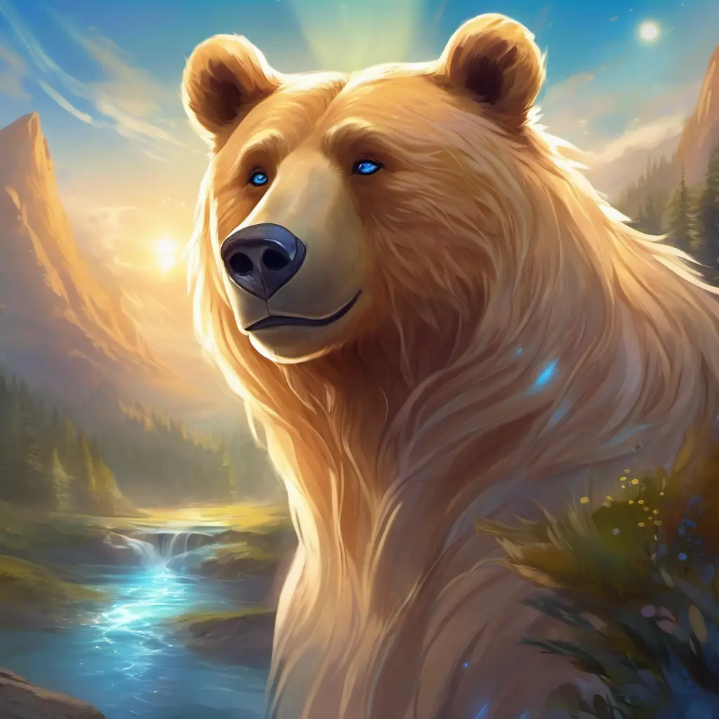 Morning light, Blonde hair, blue eyes, cheerful smile awakening, Furry brown bear, shiny button eyes's secret safe