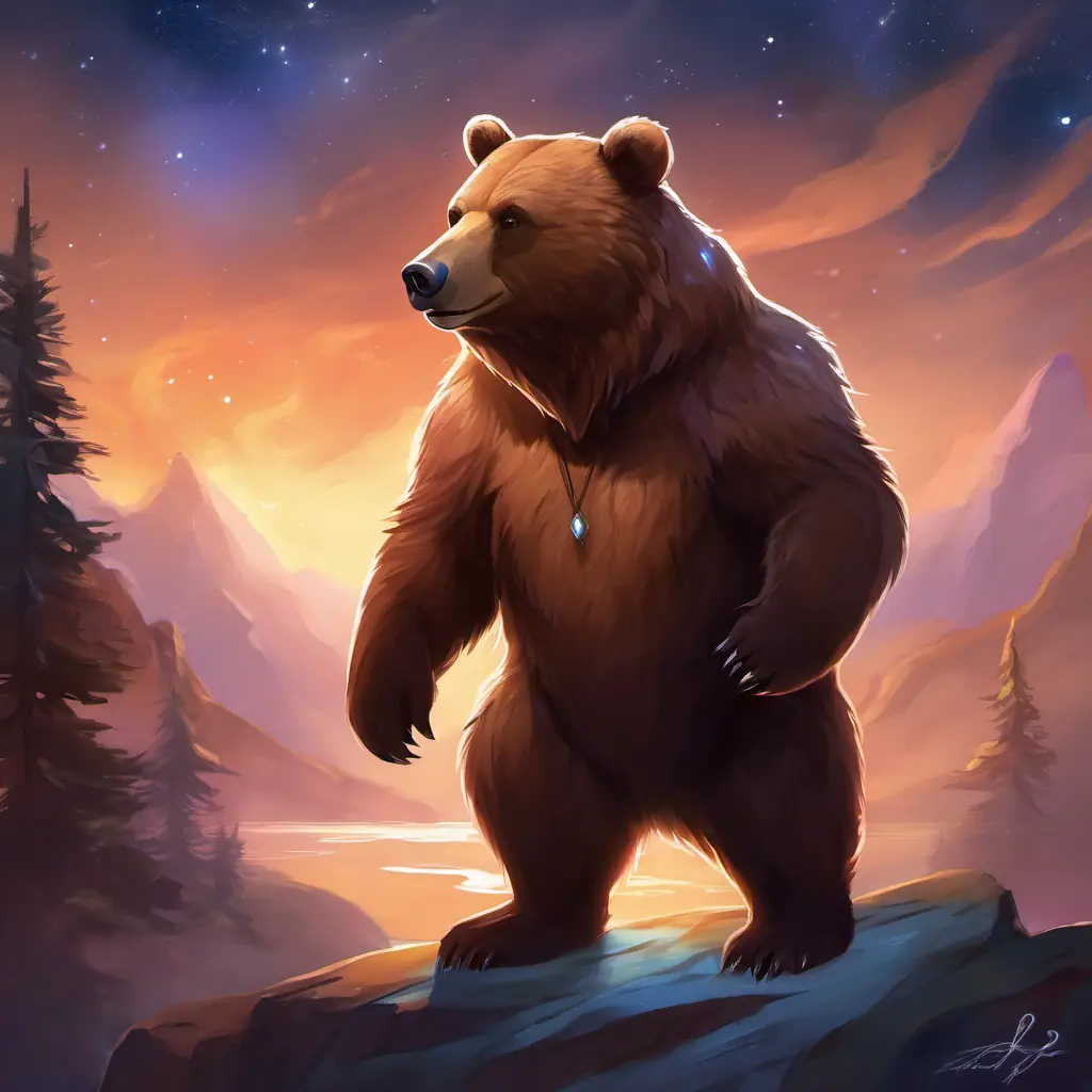 Furry brown bear, shiny button eyes's anticipation for the next nighttime adventure, hinting at more to come