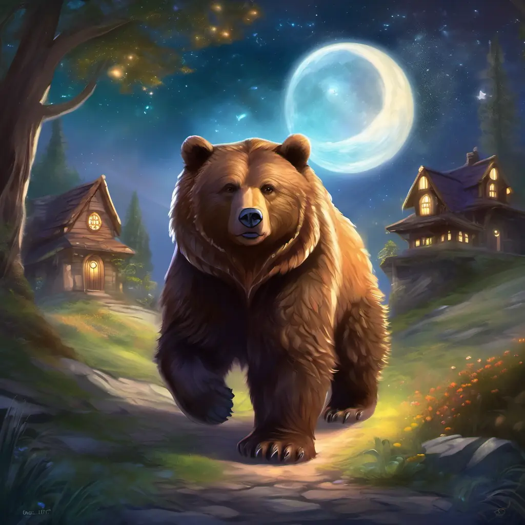 Furry brown bear, shiny button eyes's awakening for another adventure in the moonlit house