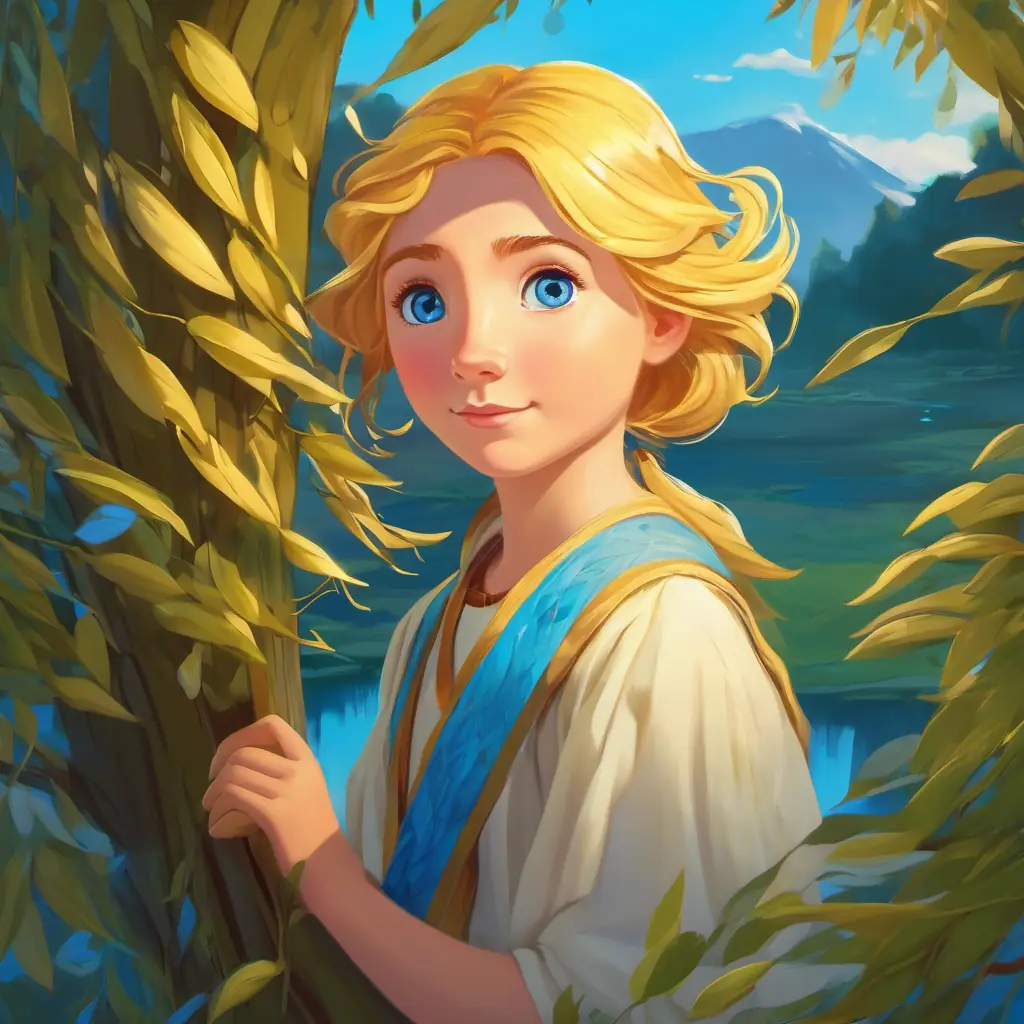 golden hair, bright blue eyes, adventurous spirit discovers the Whispering Willow and is captivated by its beauty.