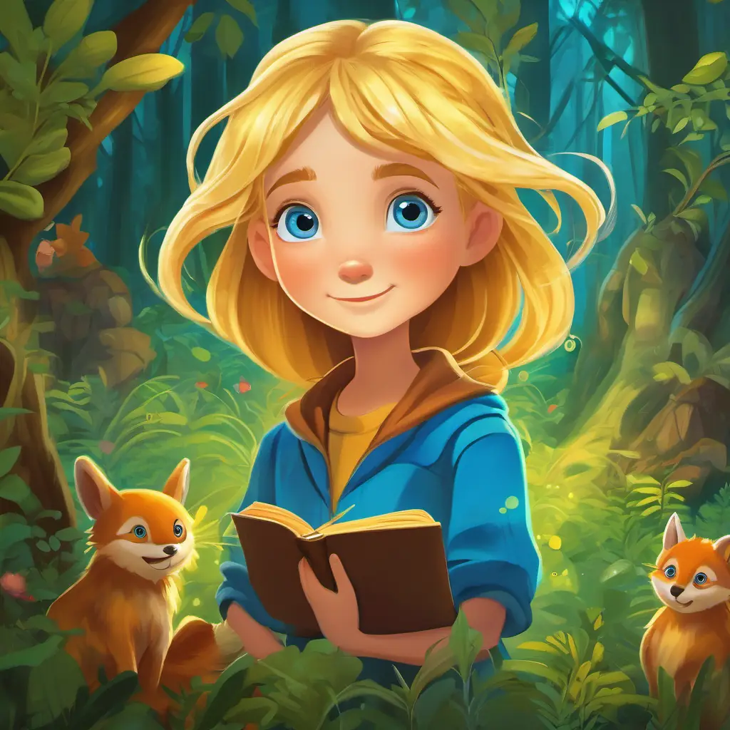 golden hair, bright blue eyes, adventurous spirit encounters friendly forest creatures who teach her important lessons.