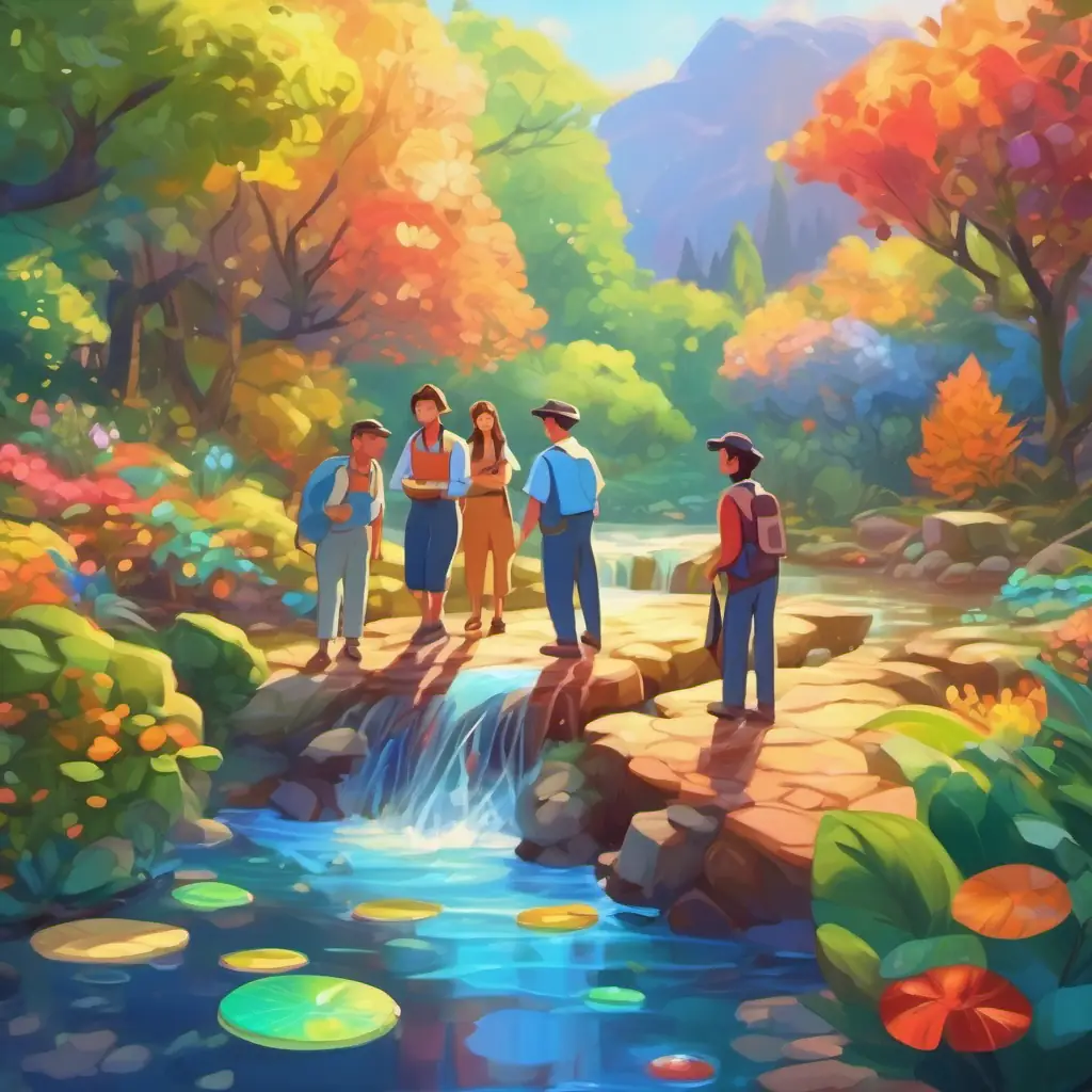 The group of friends learn about the importance of working together from the colorful scales, sparkling water, unity and cooperation at the stream.