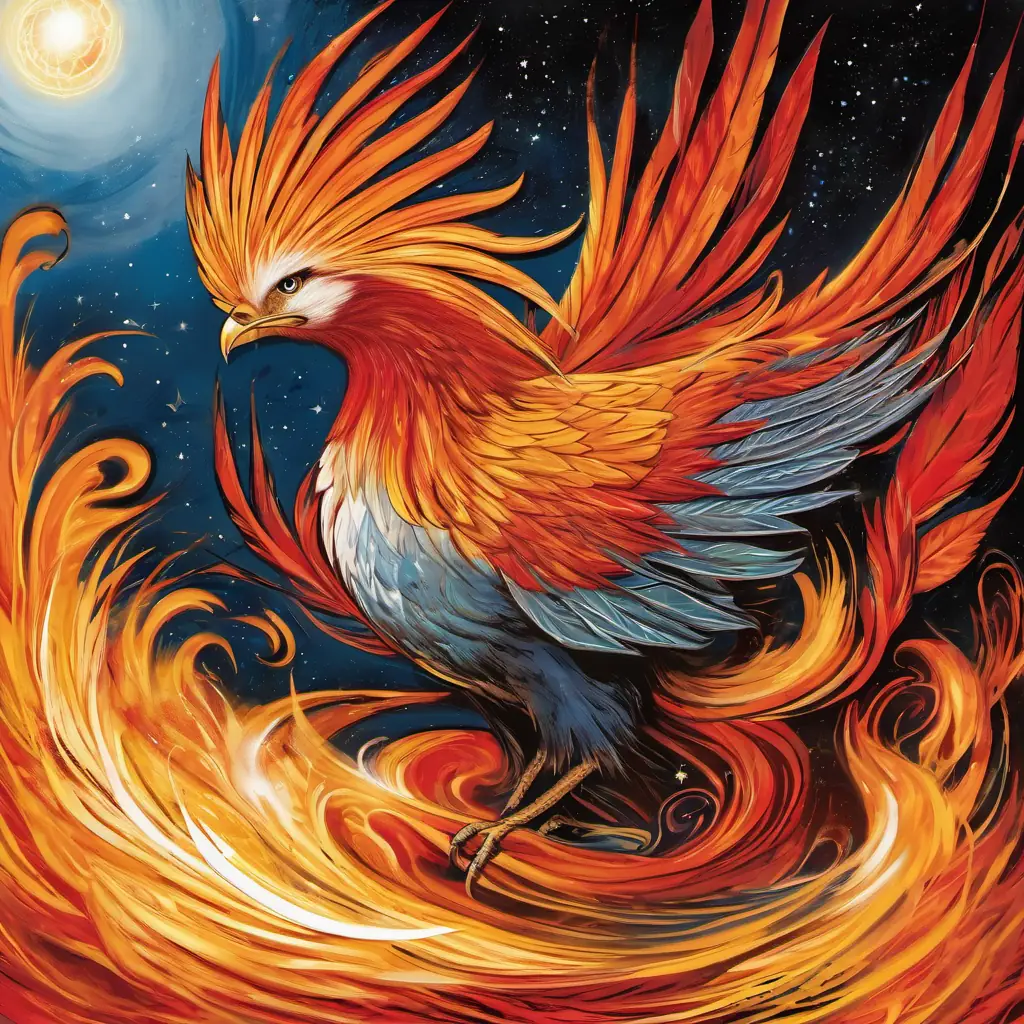 Introducing Celestial phoenix, fiery plumage, symbol of rebirth, connection with Jupiter’s Great Red Spot