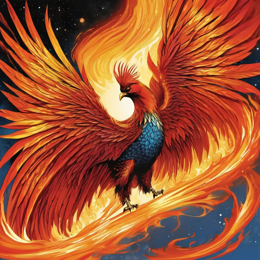 Celestial phoenix, fiery plumage, symbol of rebirth’s enduring legacy, symbolism of renewal