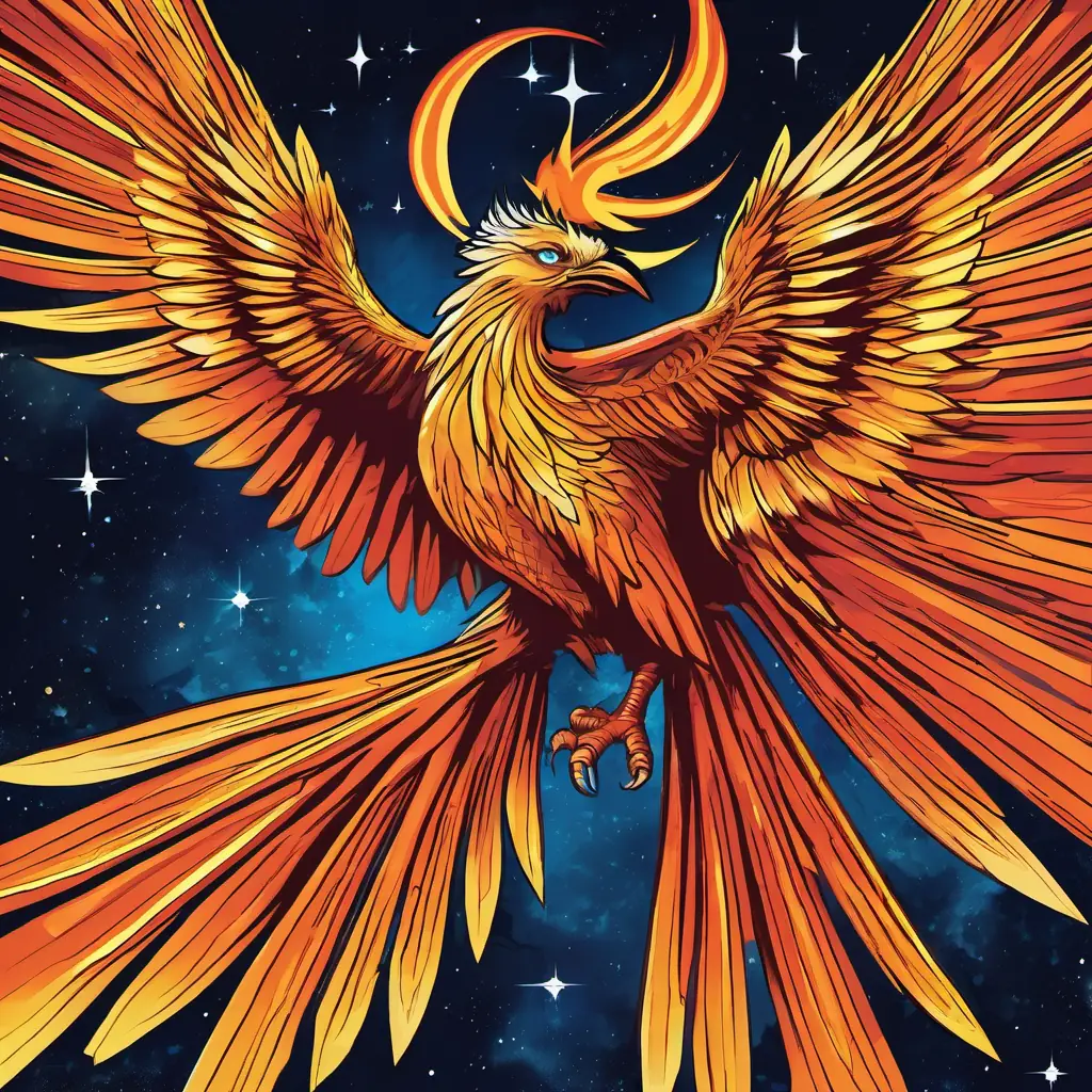 Spacefarers' reverence for Celestial phoenix, fiery plumage, symbol of rebirth, impact of rebirth