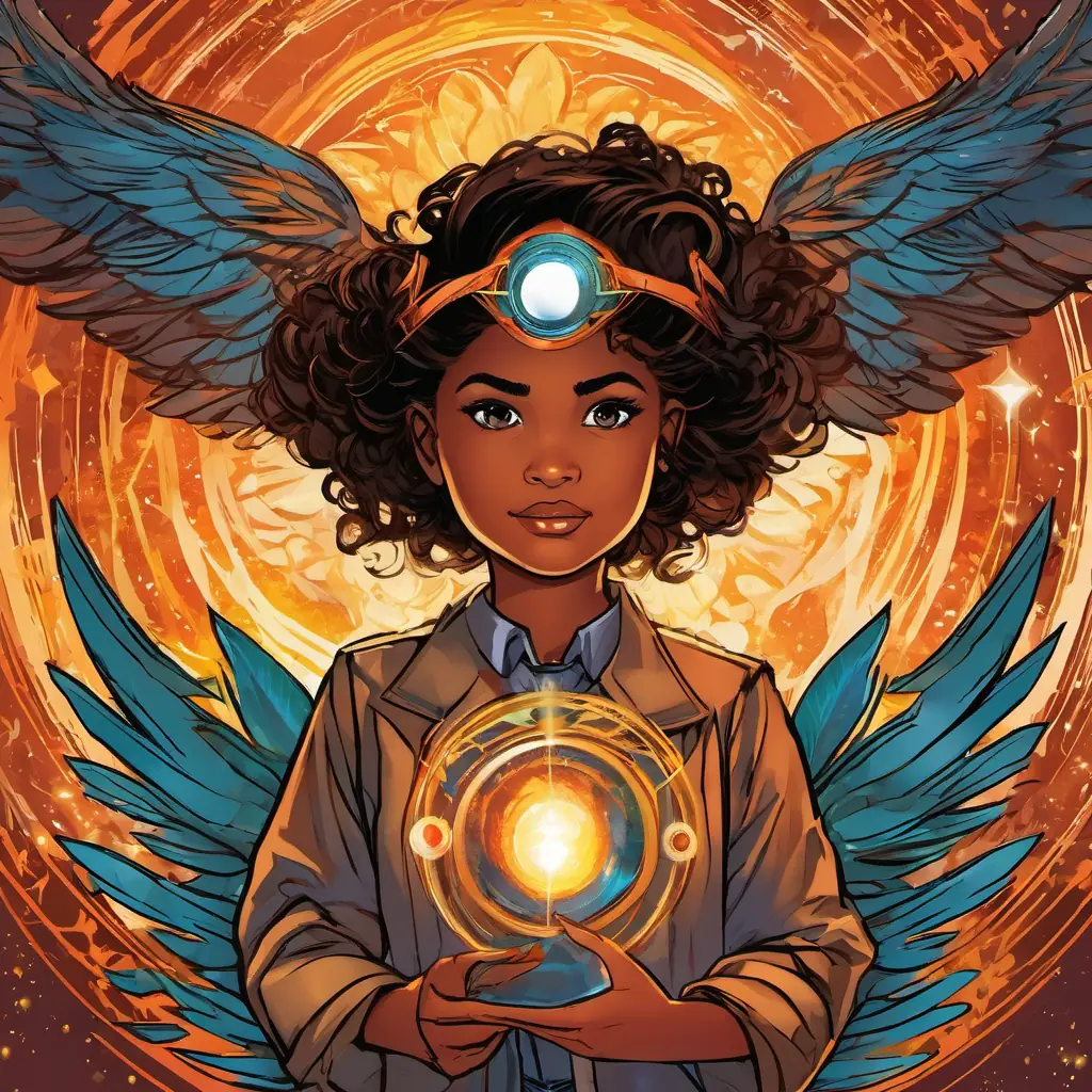Introducing Young, astute scientist, brown eyes, driven by curiosity, her quest to witness Celestial phoenix, fiery plumage, symbol of rebirth's rebirth