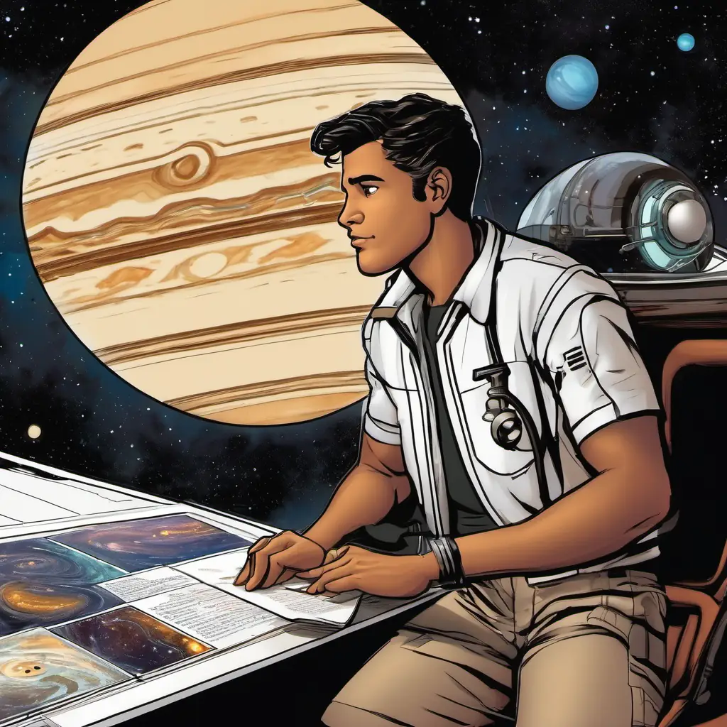 Young, astute scientist, brown eyes, driven by curiosity aboard The Odyssey, observing Jupiter