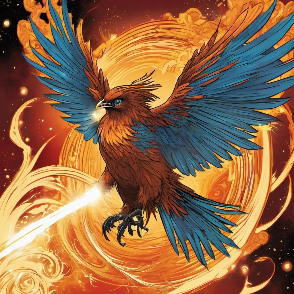 The beginning of Celestial phoenix, fiery plumage, symbol of rebirth's rebirth, Young, astute scientist, brown eyes, driven by curiosity's witness