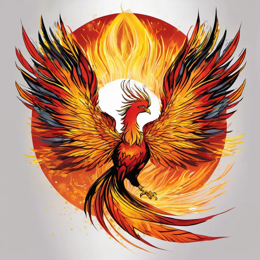 Celestial phoenix, fiery plumage, symbol of rebirth's disintegration and new phoenix emerging