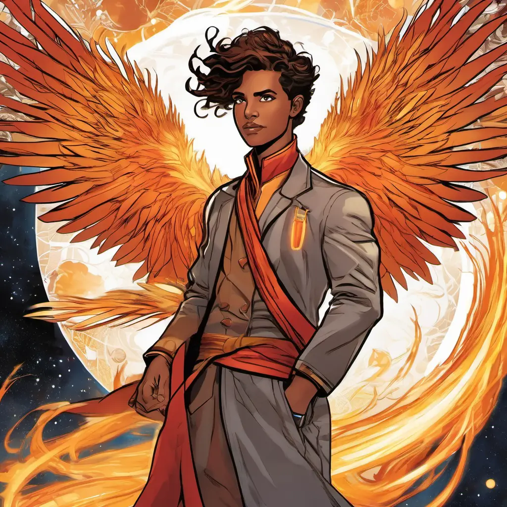Young, astute scientist, brown eyes, driven by curiosity's bond with Celestial phoenix, fiery plumage, symbol of rebirth, introspection on life cycles