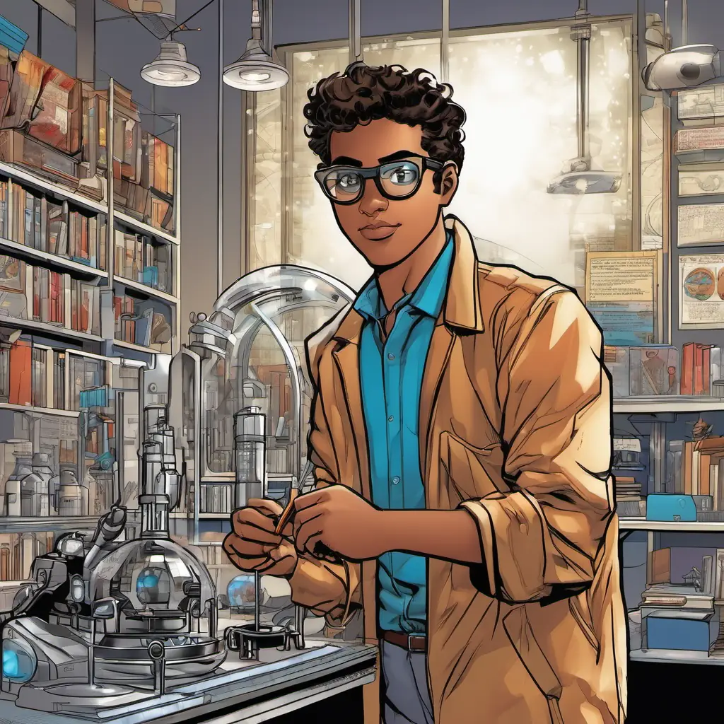 Young, astute scientist, brown eyes, driven by curiosity's personal transformation, blurring lines of science and myth