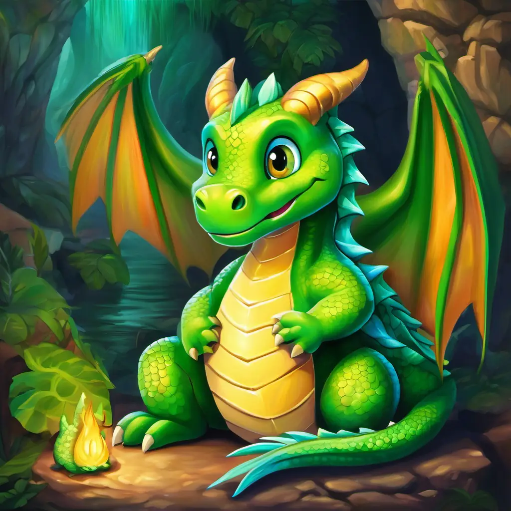 A dragon named Friendly dragon with green scales, big eyes, and a happy face with green scales and big eyes, sitting next to a cozy dragon cave.