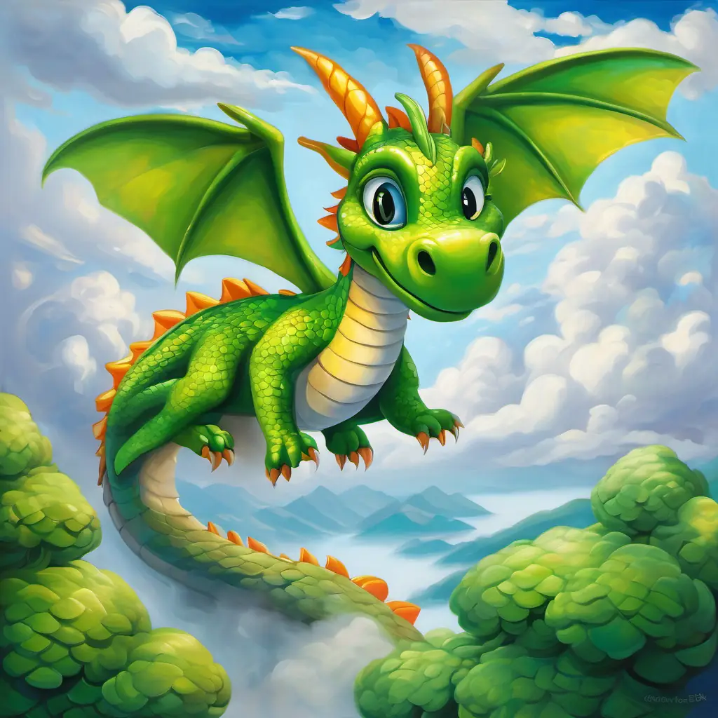 Friendly dragon with green scales, big eyes, and a happy face flying in the sky, surrounded by fluffy white clouds, with a tired expression on his face.