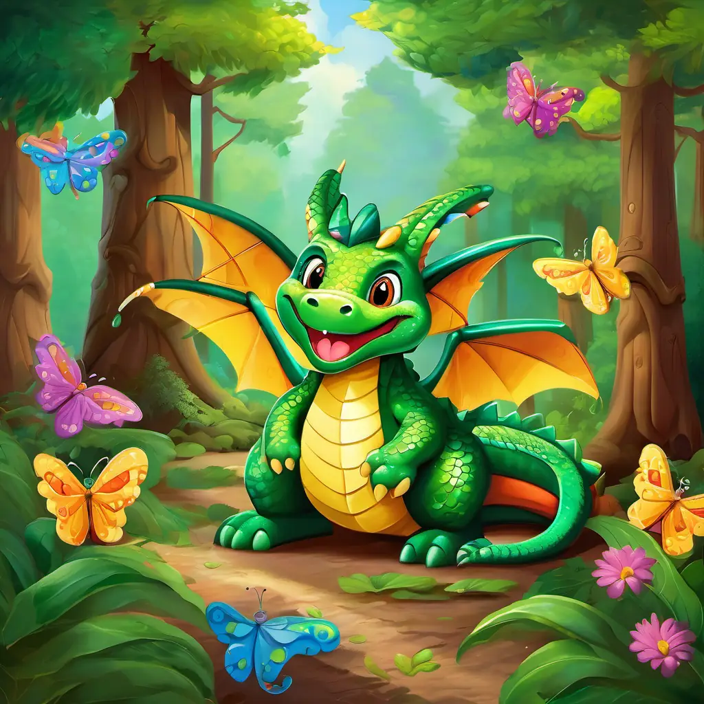 Friendly dragon with green scales, big eyes, and a happy face playing hide-and-seek with other dragons in a colorful forest with tall trees and butterflies.