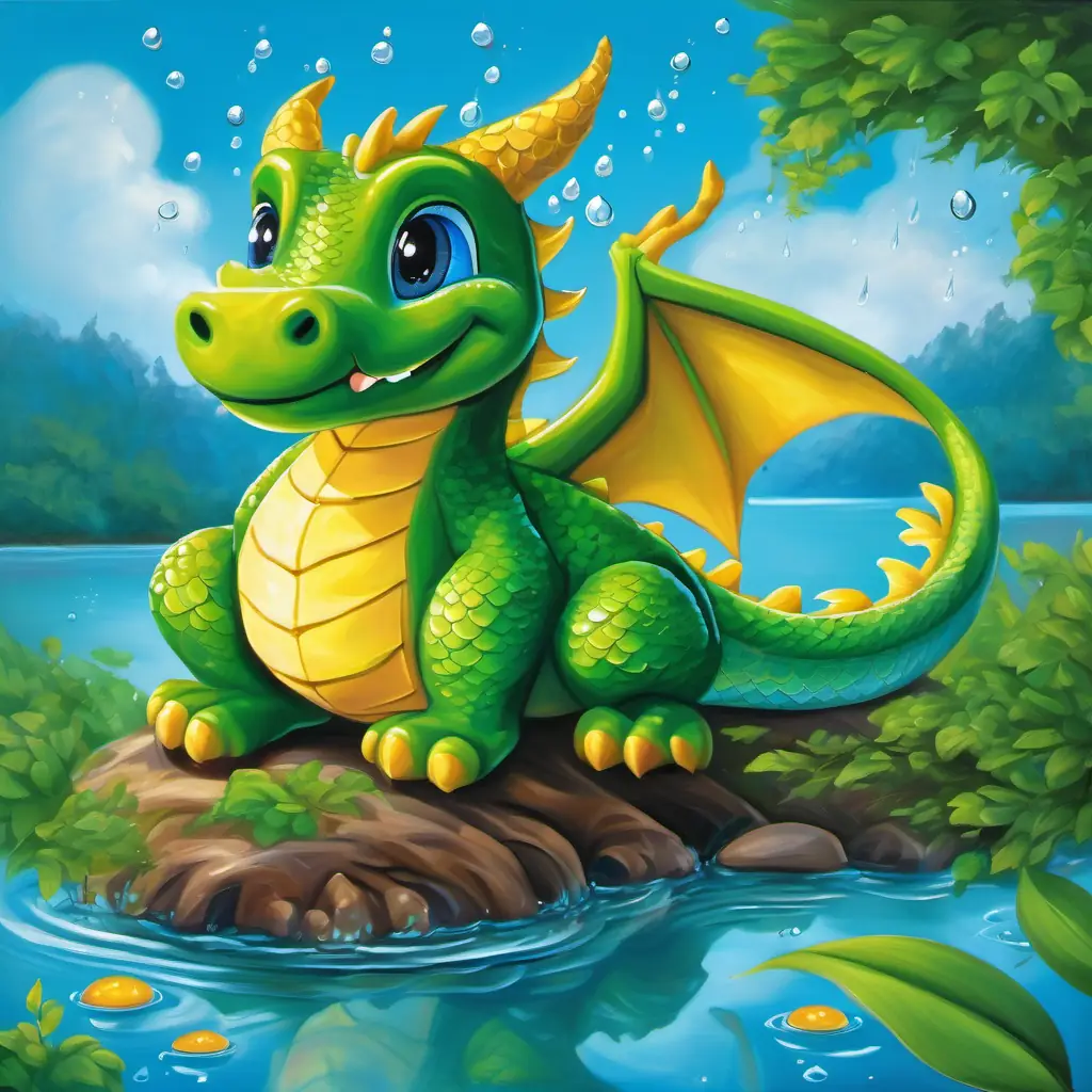 Friendly dragon with green scales, big eyes, and a happy face splashing happily in a blue lake, water droplets flying everywhere, and then snoozing under a cool tree.