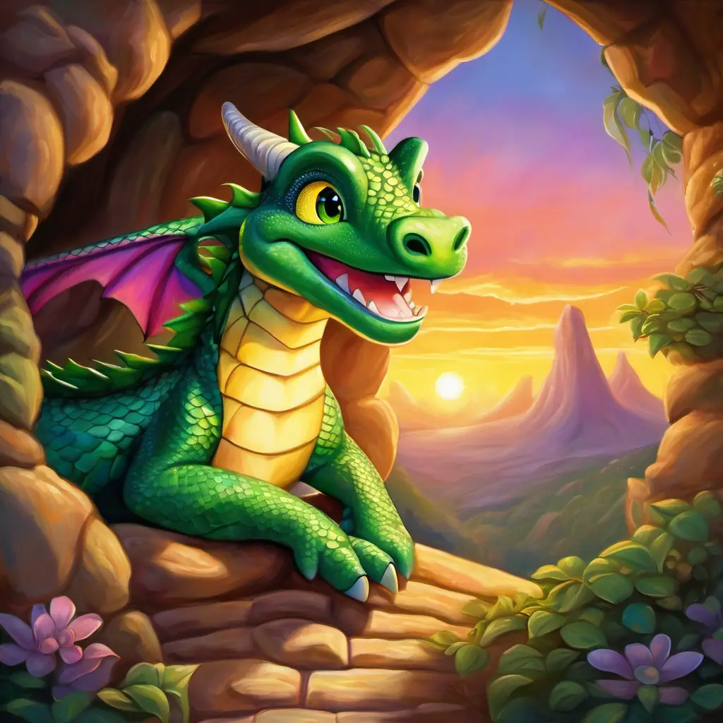 Friendly dragon with green scales, big eyes, and a happy face entering his cozy dragon cave, with a satisfied smile on his face, as the sun sets in the background.