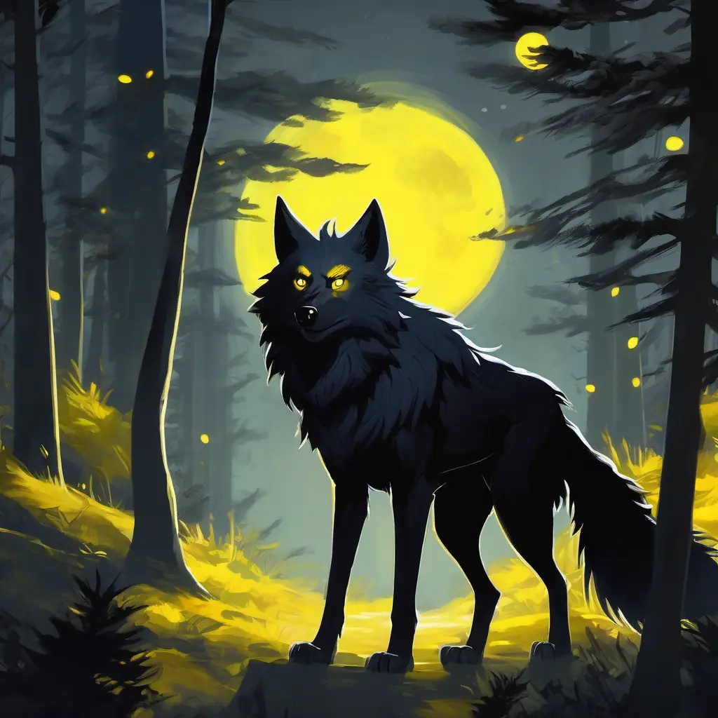 A picture of the deep dark forest with Furry with bright yellow eyes, long tail - friendly werewolf standing under the full moon, showing Furry with bright yellow eyes, long tail - friendly werewolf's furry body, bright yellow eyes, and long tail.