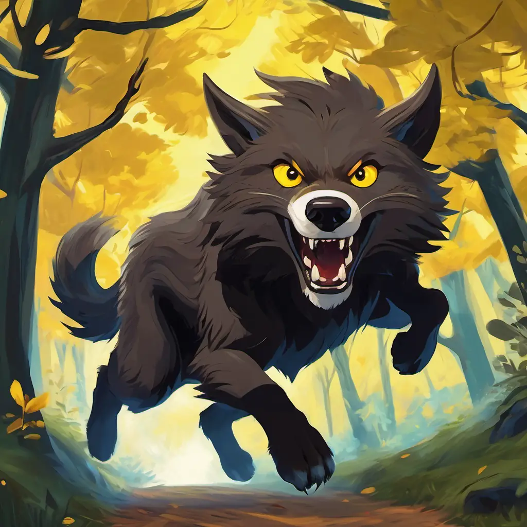 A picture of Furry with bright yellow eyes, long tail - friendly werewolf running through the forest, jumping over fallen branches, with his forest friends following behind him.