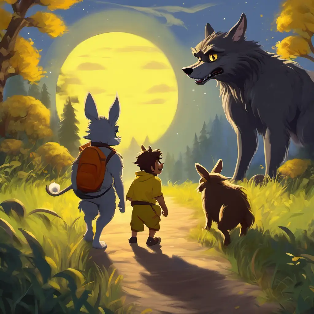 A picture of Furry with bright yellow eyes, long tail - friendly werewolf finding the lost bunny, with the bunny looking scared and Furry with bright yellow eyes, long tail - friendly werewolf looking concerned.