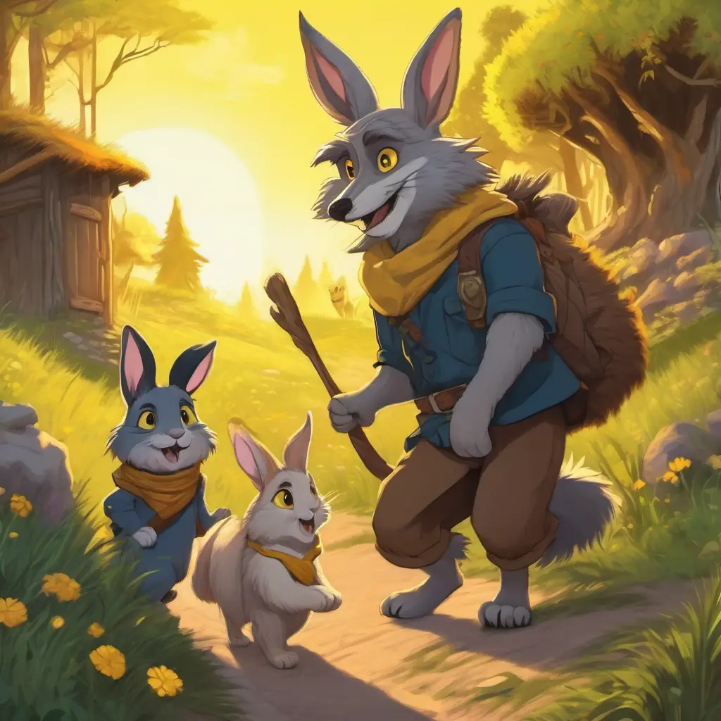 A picture of Furry with bright yellow eyes, long tail - friendly werewolf carrying the bunny on his back, with the bunny's family waiting at the burrow and happily welcoming them.