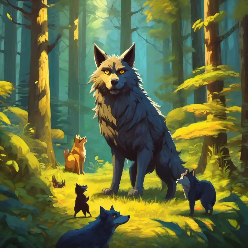 A picture of Furry with bright yellow eyes, long tail - friendly werewolf standing tall in the forest, with his forest friends gathered around him, showing that he is the protector of the forest.