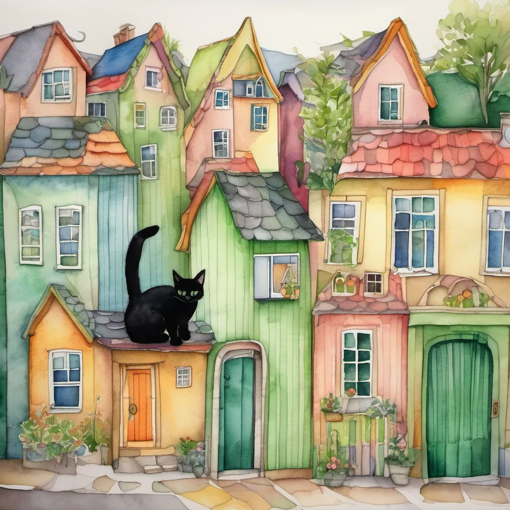 Image of a small, black cat with green eyes in a cozy town with colorful houses.