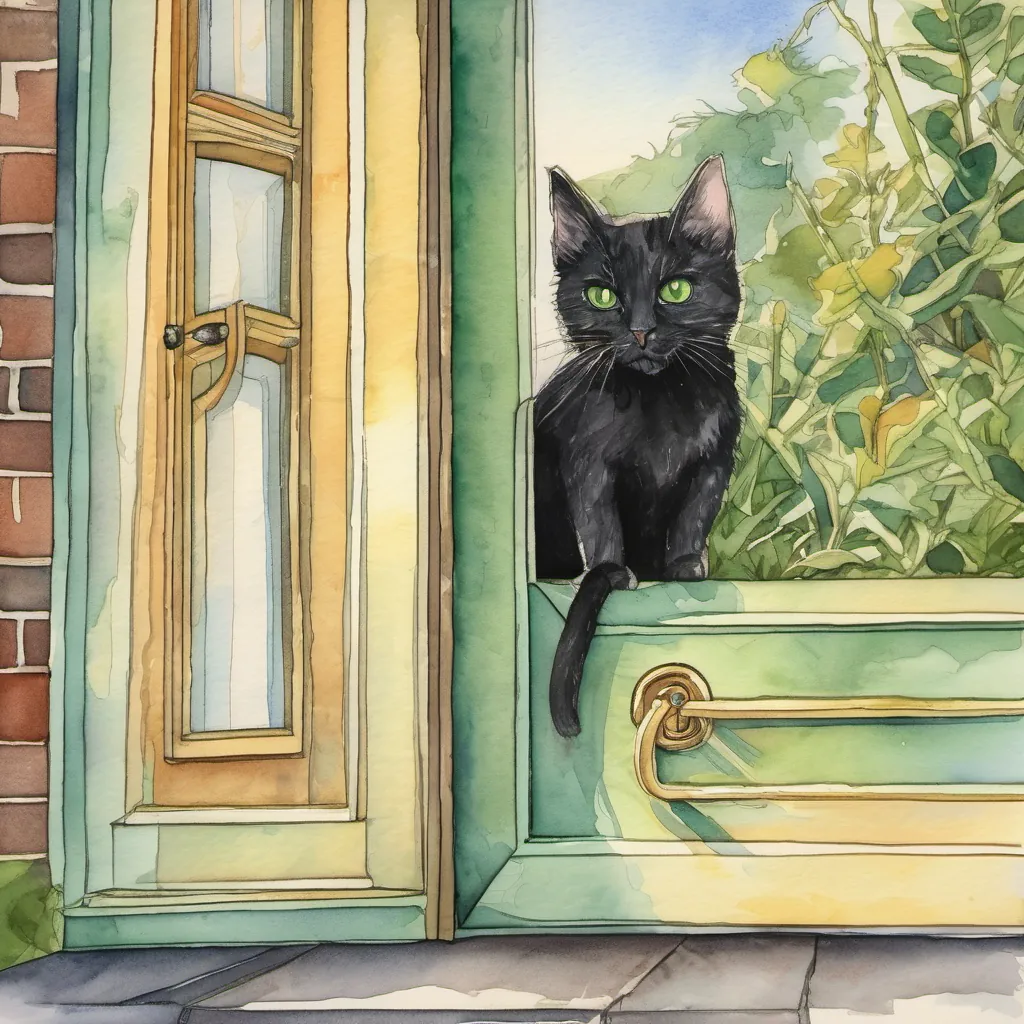 Image of A small, black cat with curious green eyes jumping out of his cat door, city background with morning sunlight.