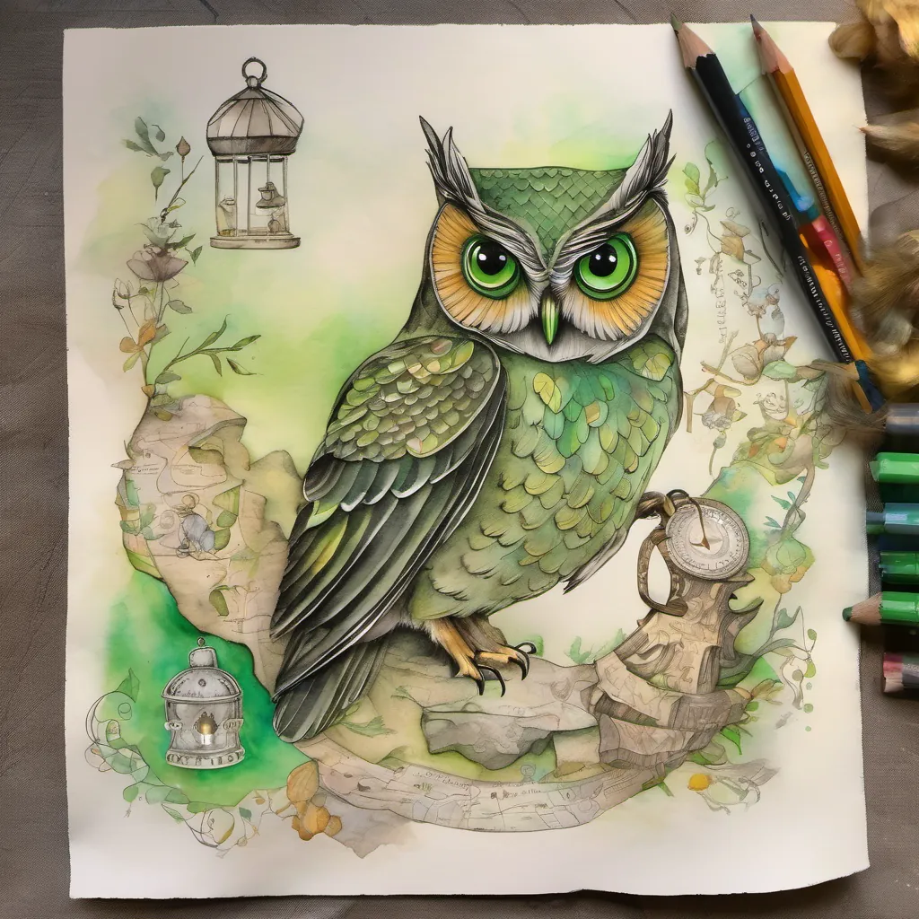 Image of the owl handing A small, black cat with curious green eyes and A tiny mouse with twinkling eyes and twitching whiskers a scroll with a treasure map on it.