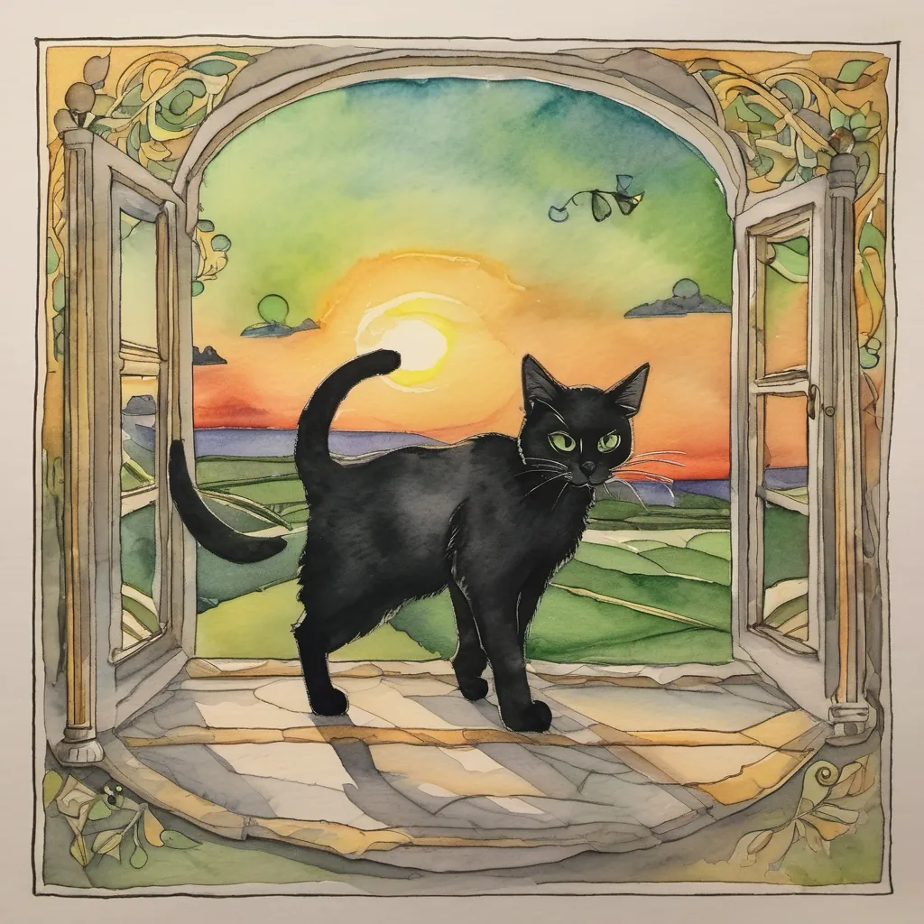 Image of A small, black cat with curious green eyes and A tiny mouse with twinkling eyes and twitching whiskers running back home with the scroll, the sun setting in the background.