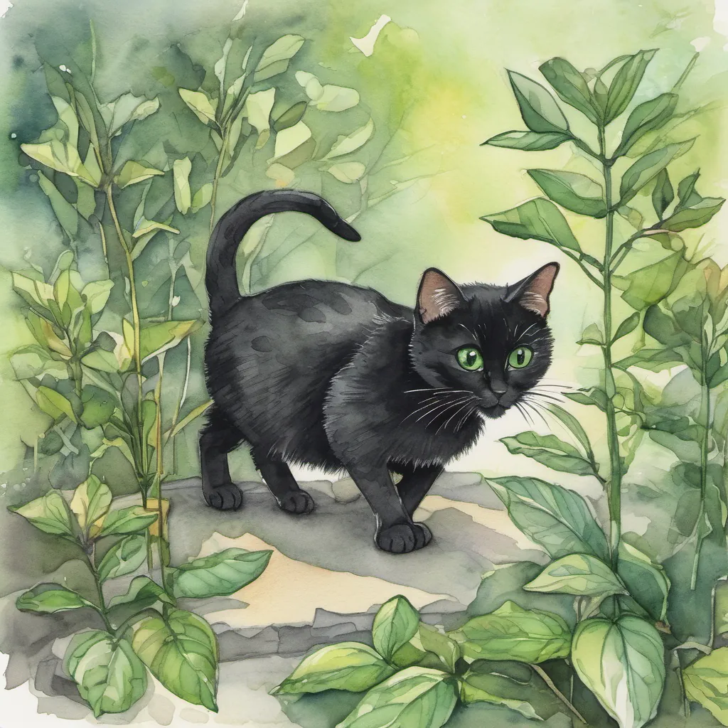 Image of A small, black cat with curious green eyes discovering a tiny mouse named A tiny mouse with twinkling eyes and twitching whiskers in the bushes.