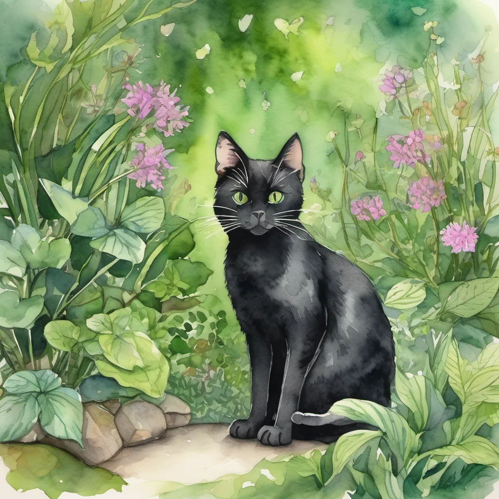 Image of A small, black cat with curious green eyes and A tiny mouse with twinkling eyes and twitching whiskers talking in a garden with lush greenery.