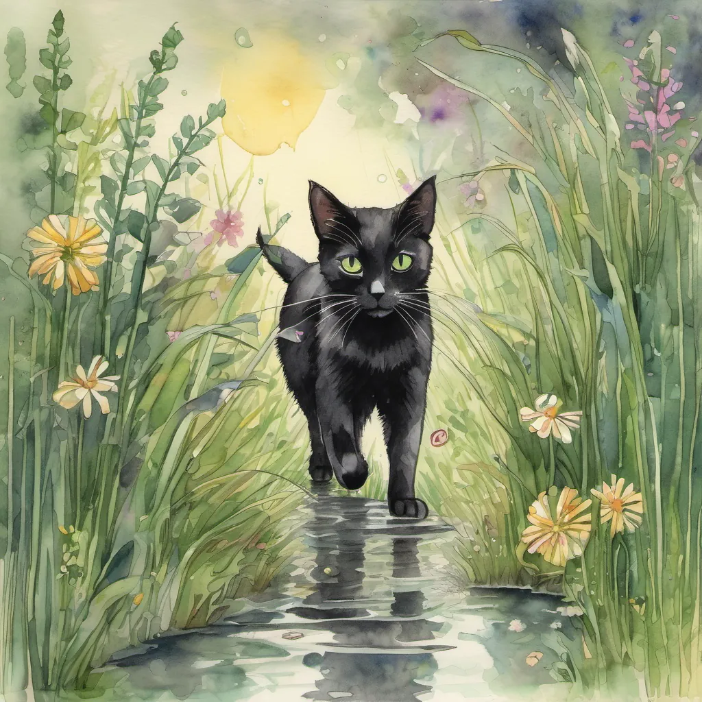 Image of A small, black cat with curious green eyes and A tiny mouse with twinkling eyes and twitching whiskers navigating through tall grass, puddles, and flowers on their quest.