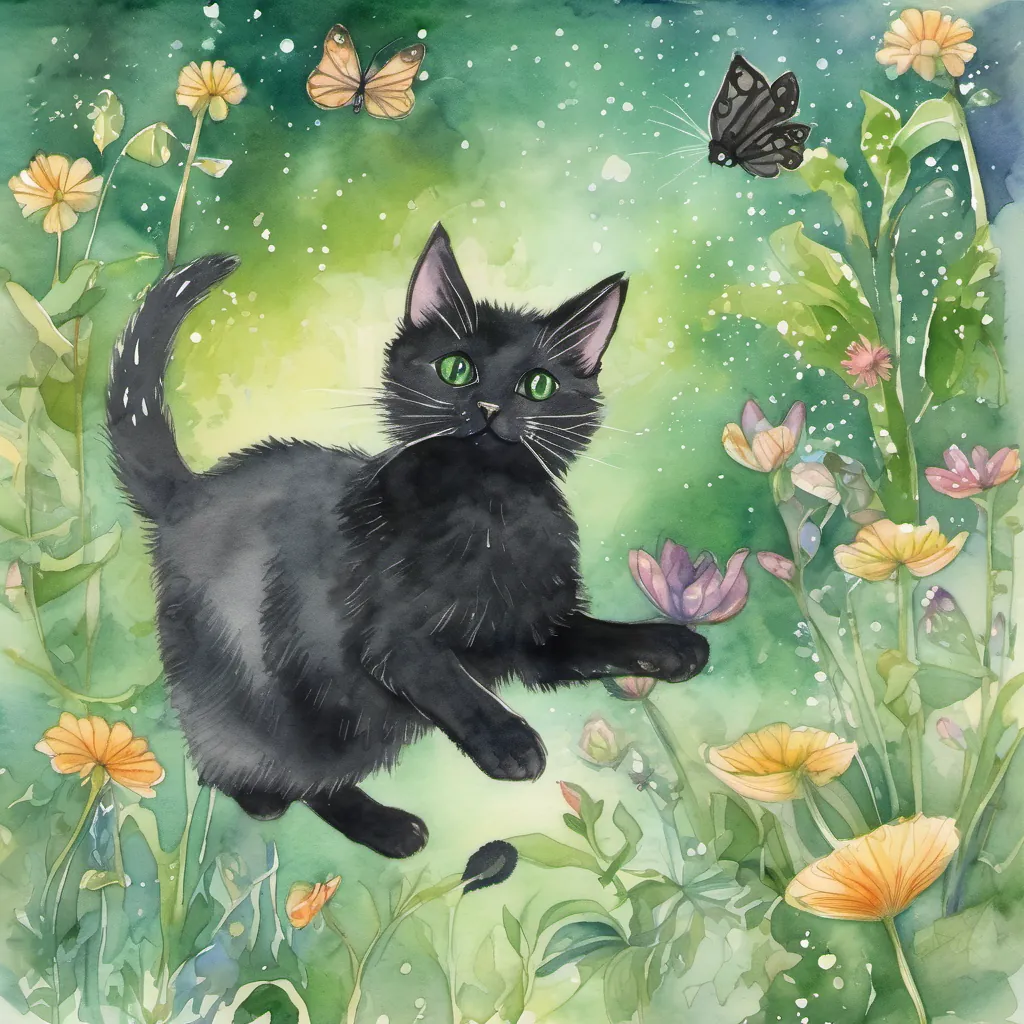 Image of A small, black cat with curious green eyes leaping and A tiny mouse with twinkling eyes and twitching whiskers twirling, a magical garden background with sparkles and fairy dust.