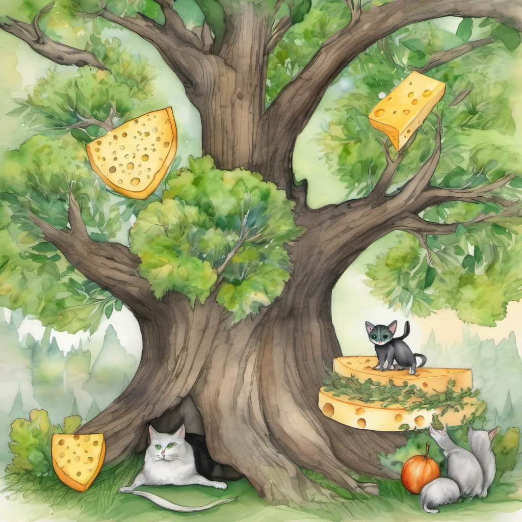 Image of a grand tree with branches shaped like cheese, and A small, black cat with curious green eyes and A tiny mouse with twinkling eyes and twitching whiskers finding cheese at its base.