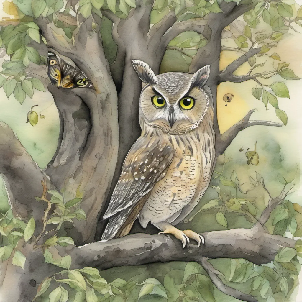 Image of an old owl appearing by a tree with cheese-shaped branches, addressing A small, black cat with curious green eyes and A tiny mouse with twinkling eyes and twitching whiskers.