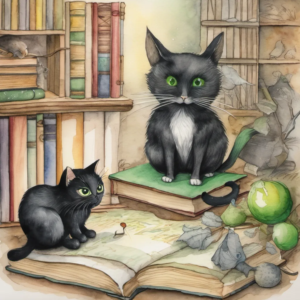 Image of A small, black cat with curious green eyes and A tiny mouse with twinkling eyes and twitching whiskers thinking hard while the wise owl recites a riddle.