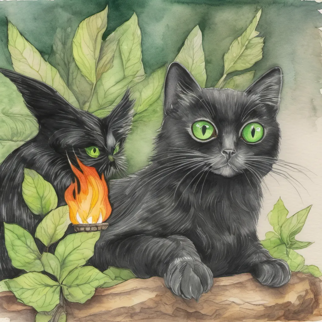 Image of A small, black cat with curious green eyes exclaiming the answer 'Fire!' as the owl looks approvingly.