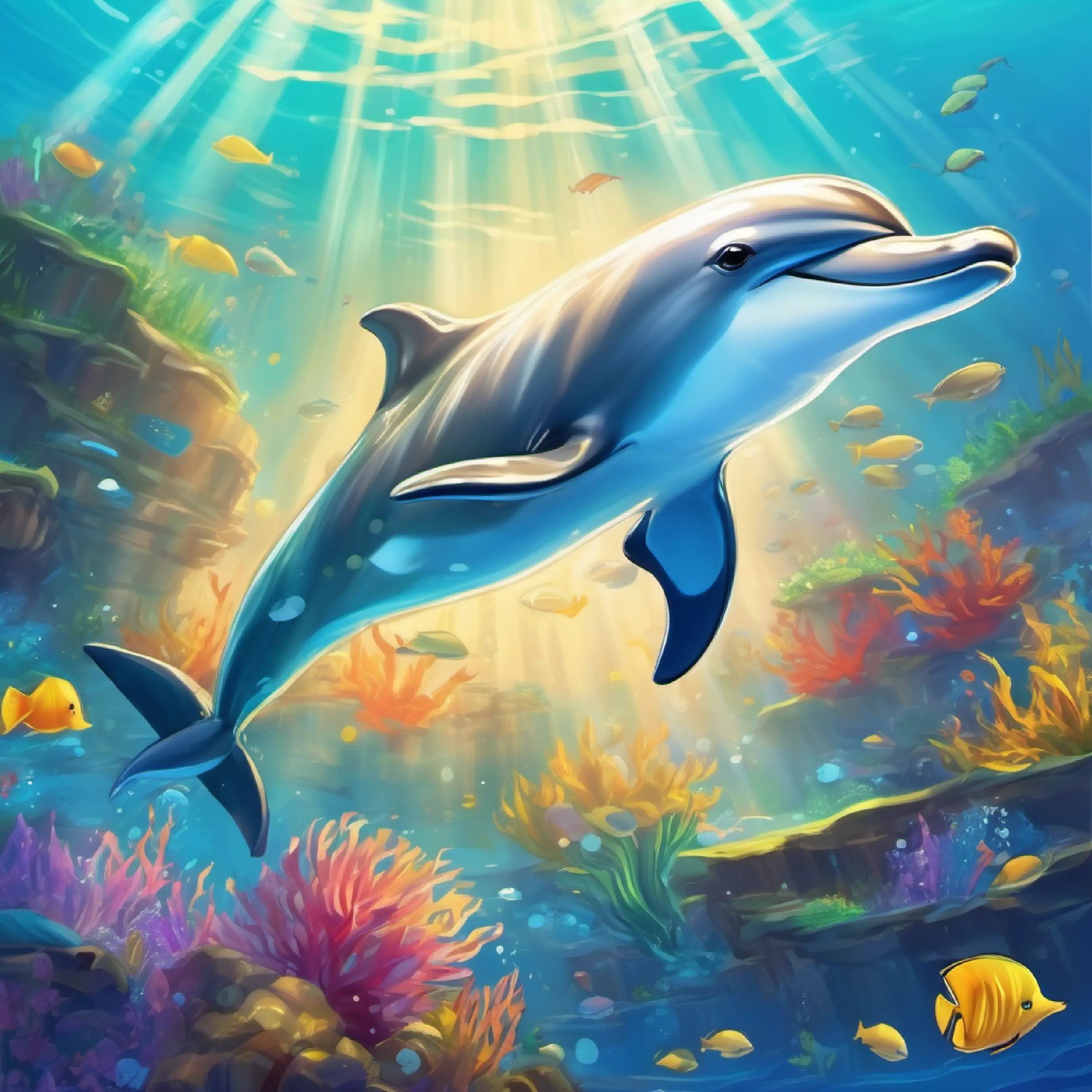 Introduction to Cheerful dolphin, smooth shiny skin, bright eyes and the vibrant underwater world.