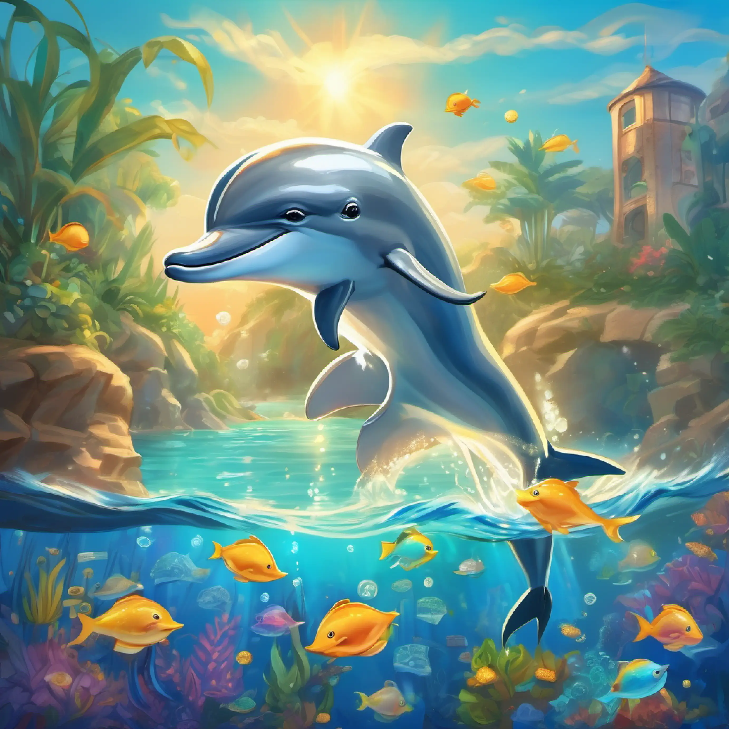 Cheerful dolphin, smooth shiny skin, bright eyes finds a sparkling coin and starts her treasure hunt.